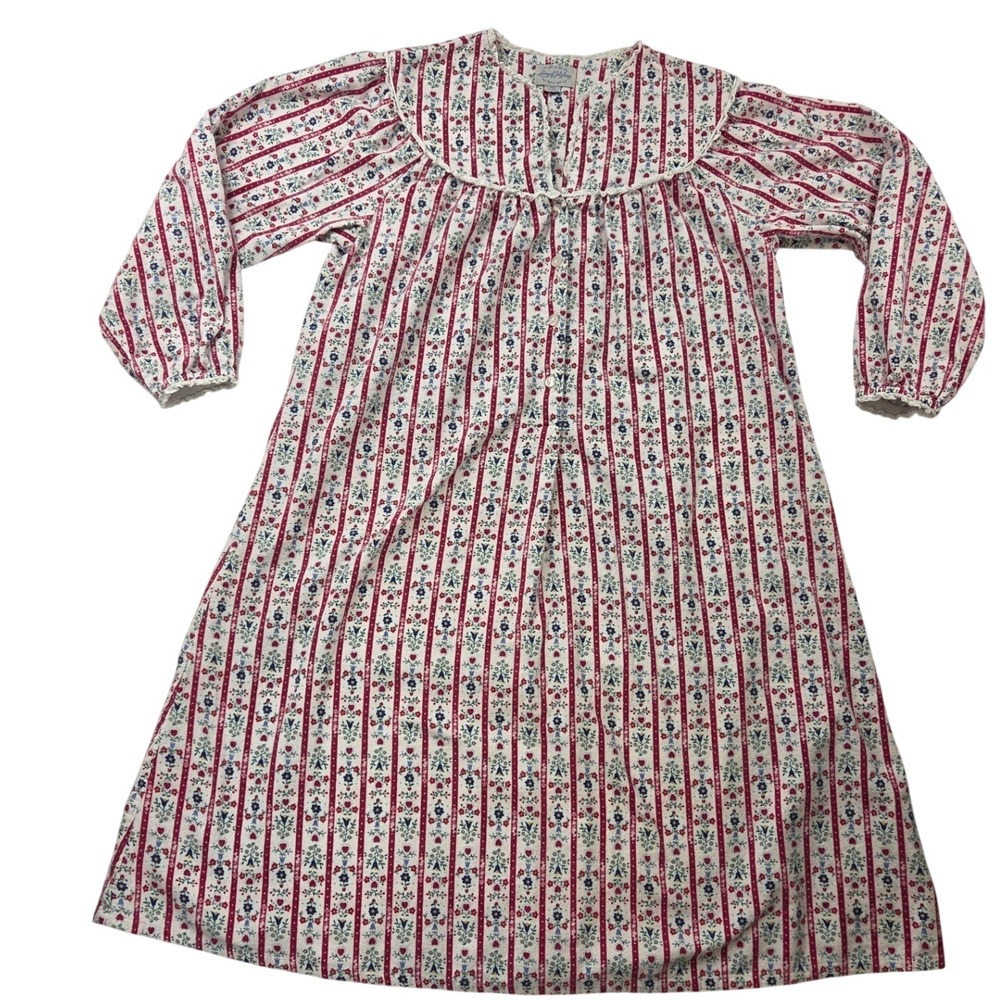 Lanz of Salzburg Cotton Pajama PJ Night Gown Red Floral Ruffle Trim Women Sz S